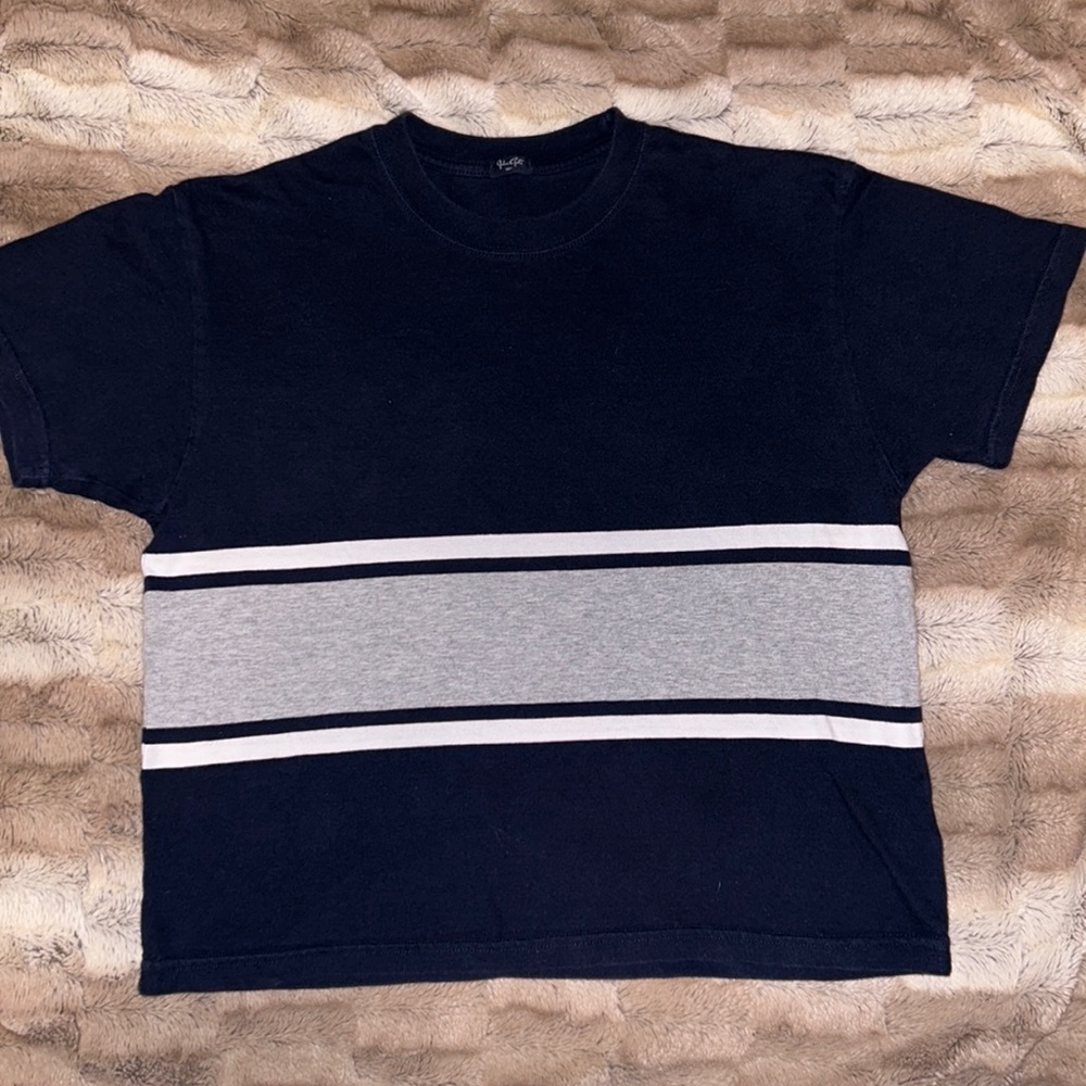 John Galt Shirt Womens Small Blue Gray Stripes Short Sleeve Top Tee Ladies